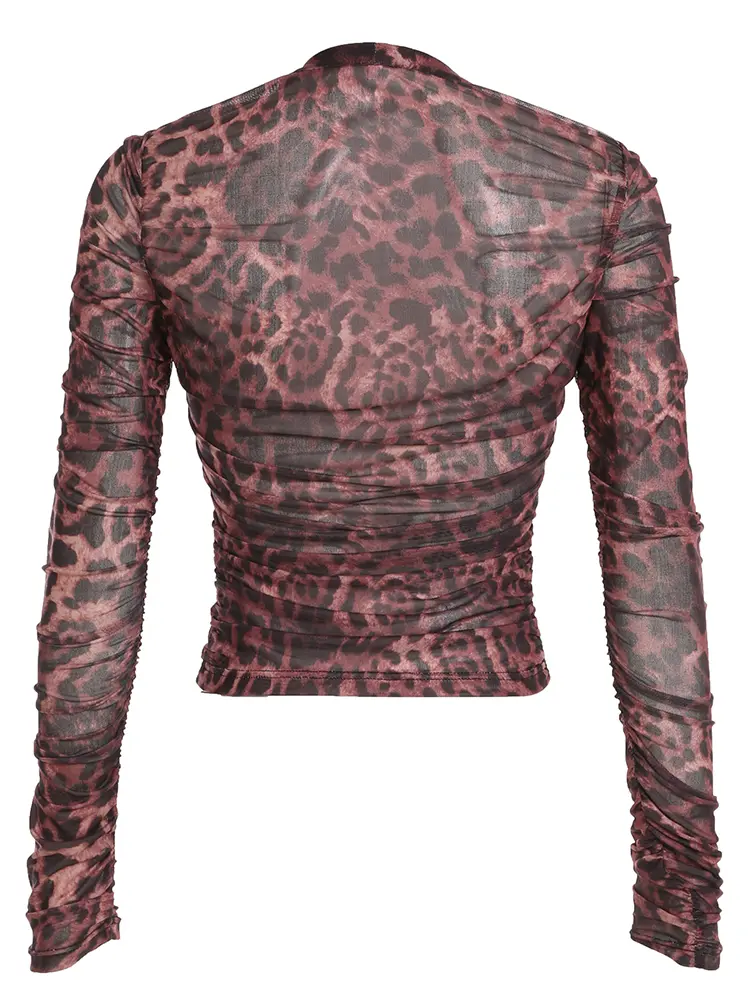 Rockmoer Leopard Print Mesh Shirts Female Sexy See Through Frill Long Sleeve Women Cardigan V Neck Tops Y2K Retro Slim Blouses