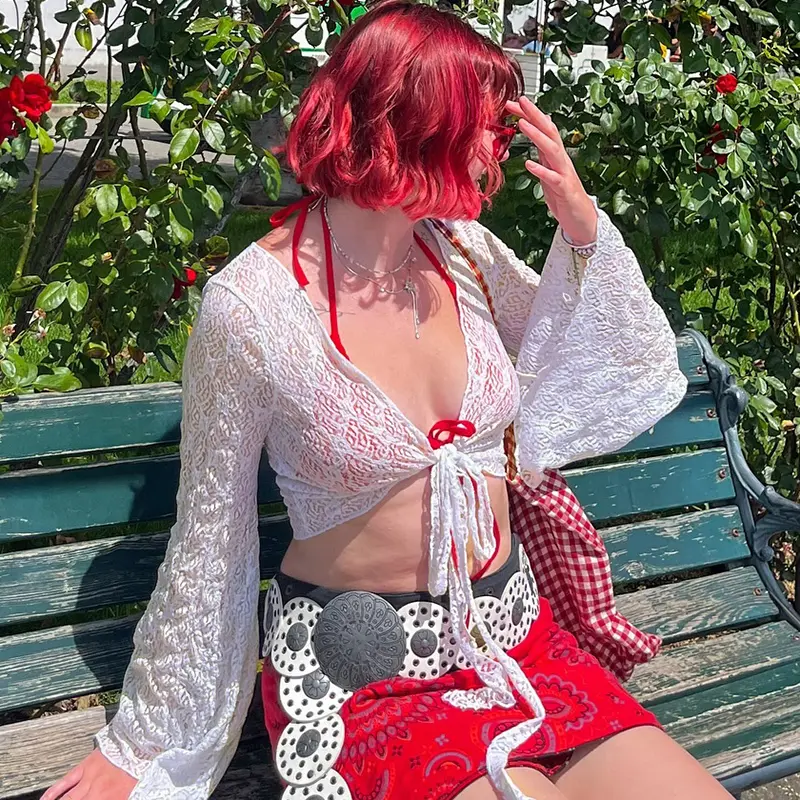 Rockmore Y2K Solid Flared Sleeve Cardigan Casual Lace-up Beach Cover-Ups Coquette White Long Sleeves Shirts Sunscreen Outwear