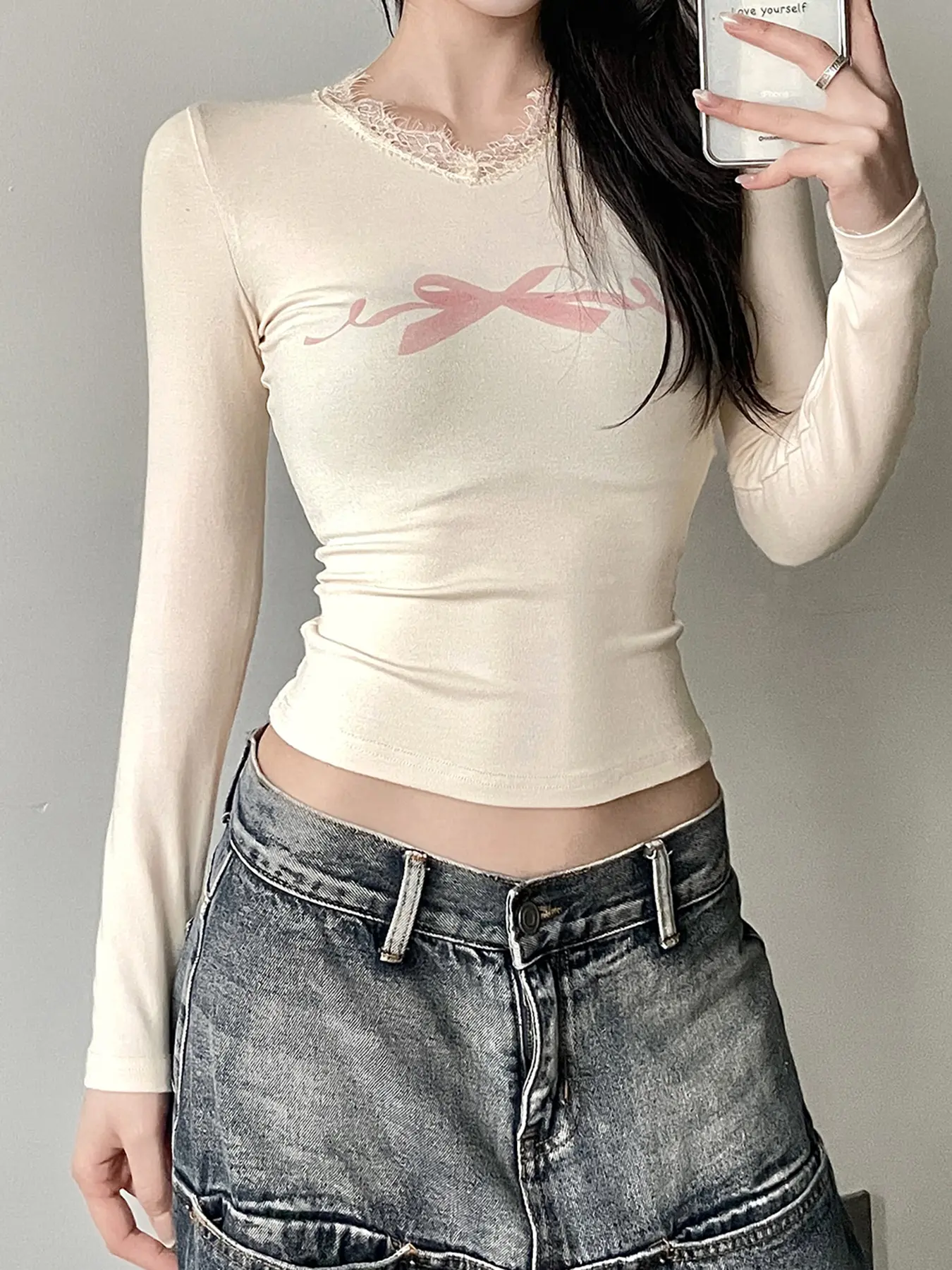 Rockmore Lace Trim V-Neck T-Shirt Y2K Sweet Cute Bow Print Casual Slim Long Sleeve Tops Women Casual Pulover Korean Coquette