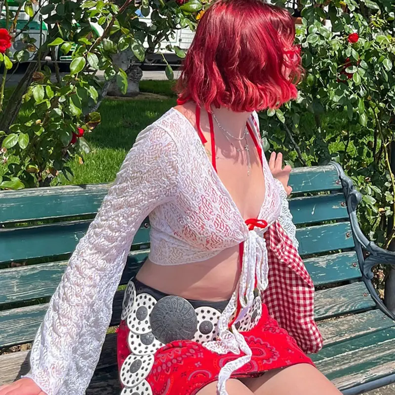 Rockmore Y2K Solid Flared Sleeve Cardigan Casual Lace-up Beach Cover-Ups Coquette White Long Sleeves Shirts Sunscreen Outwear