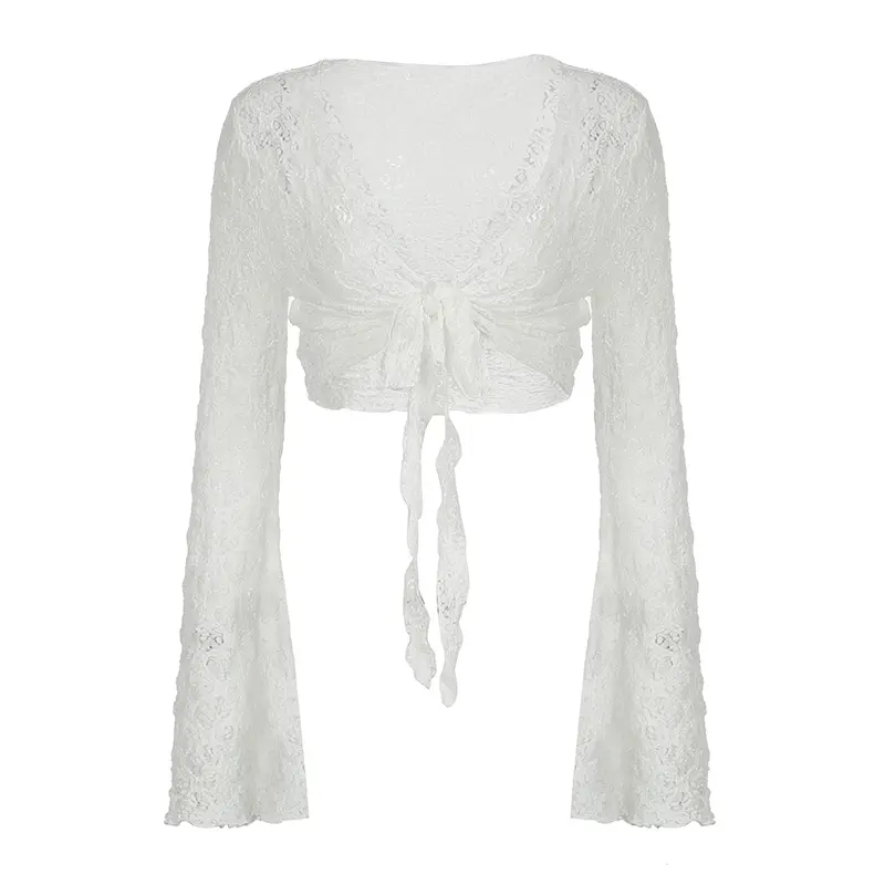 Rockmore Y2K Solid Flared Sleeve Cardigan Casual Lace-up Beach Cover-Ups Coquette White Long Sleeves Shirts Sunscreen Outwear