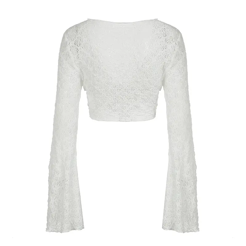 Rockmore Y2K Solid Flared Sleeve Cardigan Casual Lace-up Beach Cover-Ups Coquette White Long Sleeves Shirts Sunscreen Outwear