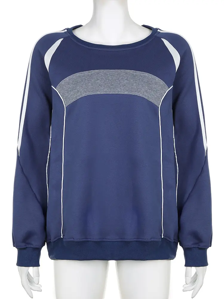Rockmore Autumn High Streetwear Sweatshirt Retro Solid Patchwork Design Top Aesthetical All Match Long Sleeve ONeck T-Shirt Chic