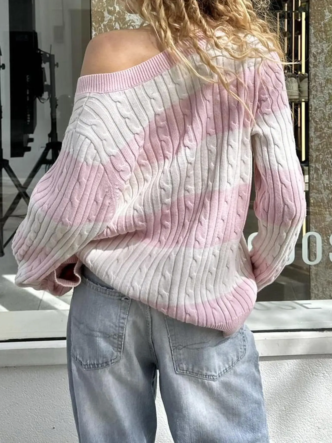 Rockmore Harajuku Pink Striped Loose Knitted Sweater Women Casual V-neck Chic Pullover Tops Y2K Streetwear Cute Knitwear Autumn