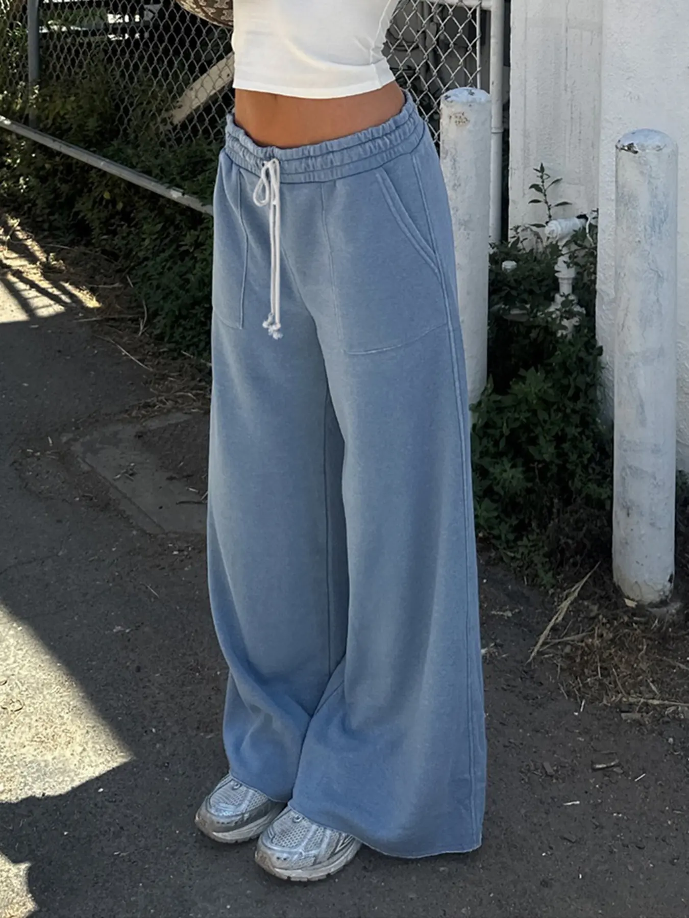 Rockmore Blue Sweatpants for Women High Waist Solid Elastic Waist Drawstring Loose Straight Pant Casual Harajuku Pocket Trousers