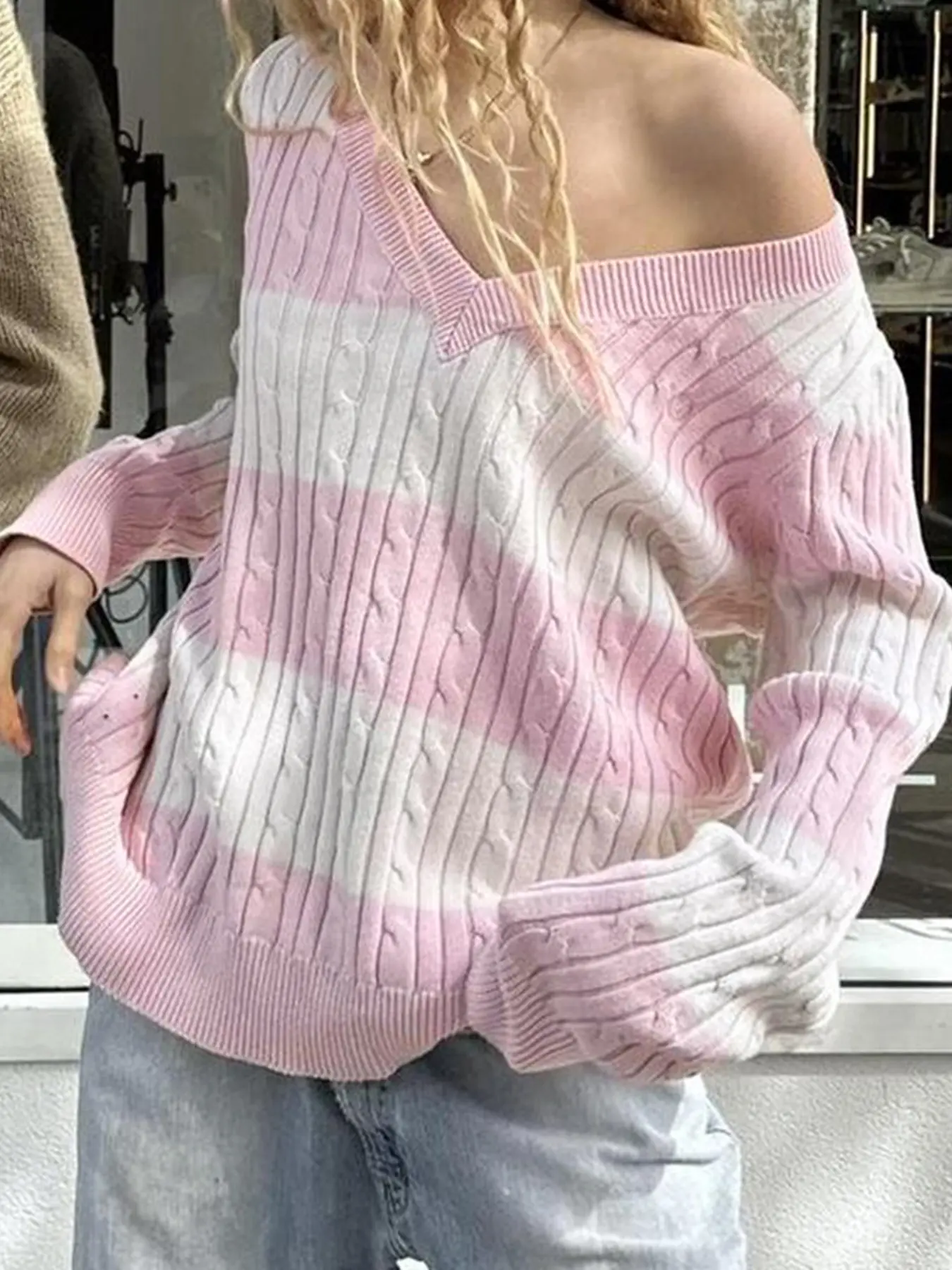 Rockmore Harajuku Pink Striped Loose Knitted Sweater Women Casual V-neck Chic Pullover Tops Y2K Streetwear Cute Knitwear Autumn