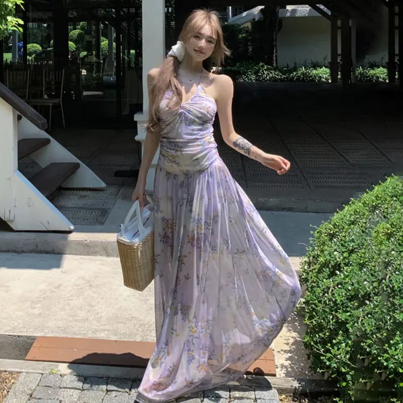 Rockmore Coquette Flower Printing Halter Dresses Women Pleated Sleeveless V Neck Backless Long Dress Summer Vacation Vestido