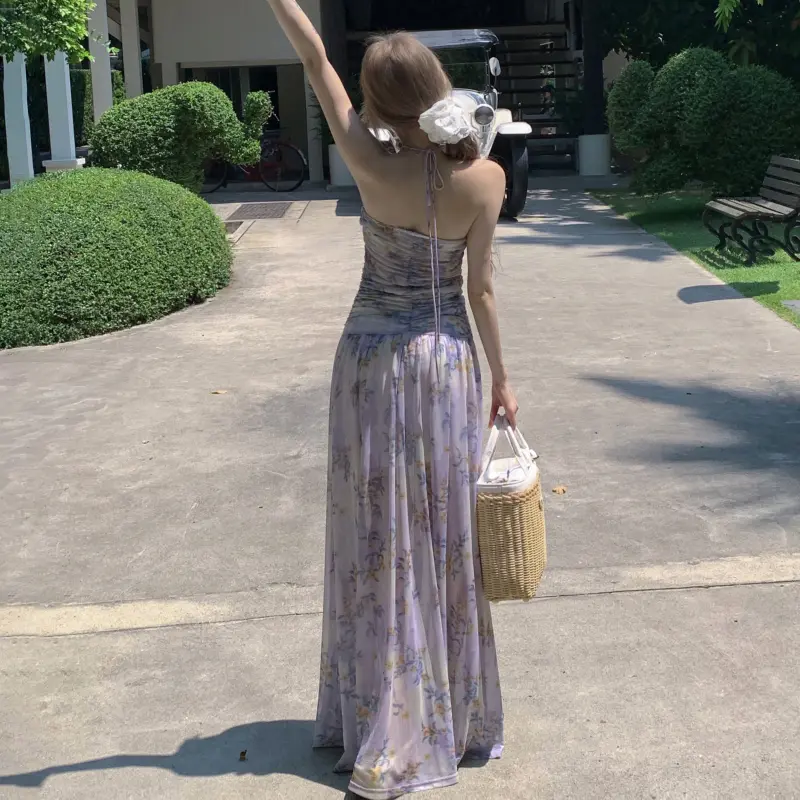 Rockmore Coquette Flower Printing Halter Dresses Women Pleated Sleeveless V Neck Backless Long Dress Summer Vacation Vestido