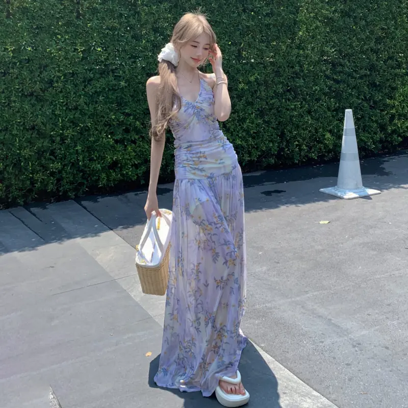 Rockmore Coquette Flower Printing Halter Dresses Women Pleated Sleeveless V Neck Backless Long Dress Summer Vacation Vestido