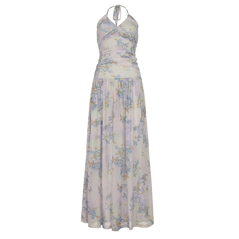 Rockmore Coquette Flower Printing Halter Dresses Women Pleated Sleeveless V Neck Backless Long Dress Summer Vacation Vestido