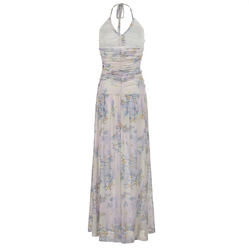 Rockmore Coquette Flower Printing Halter Dresses Women Pleated Sleeveless V Neck Backless Long Dress Summer Vacation Vestido