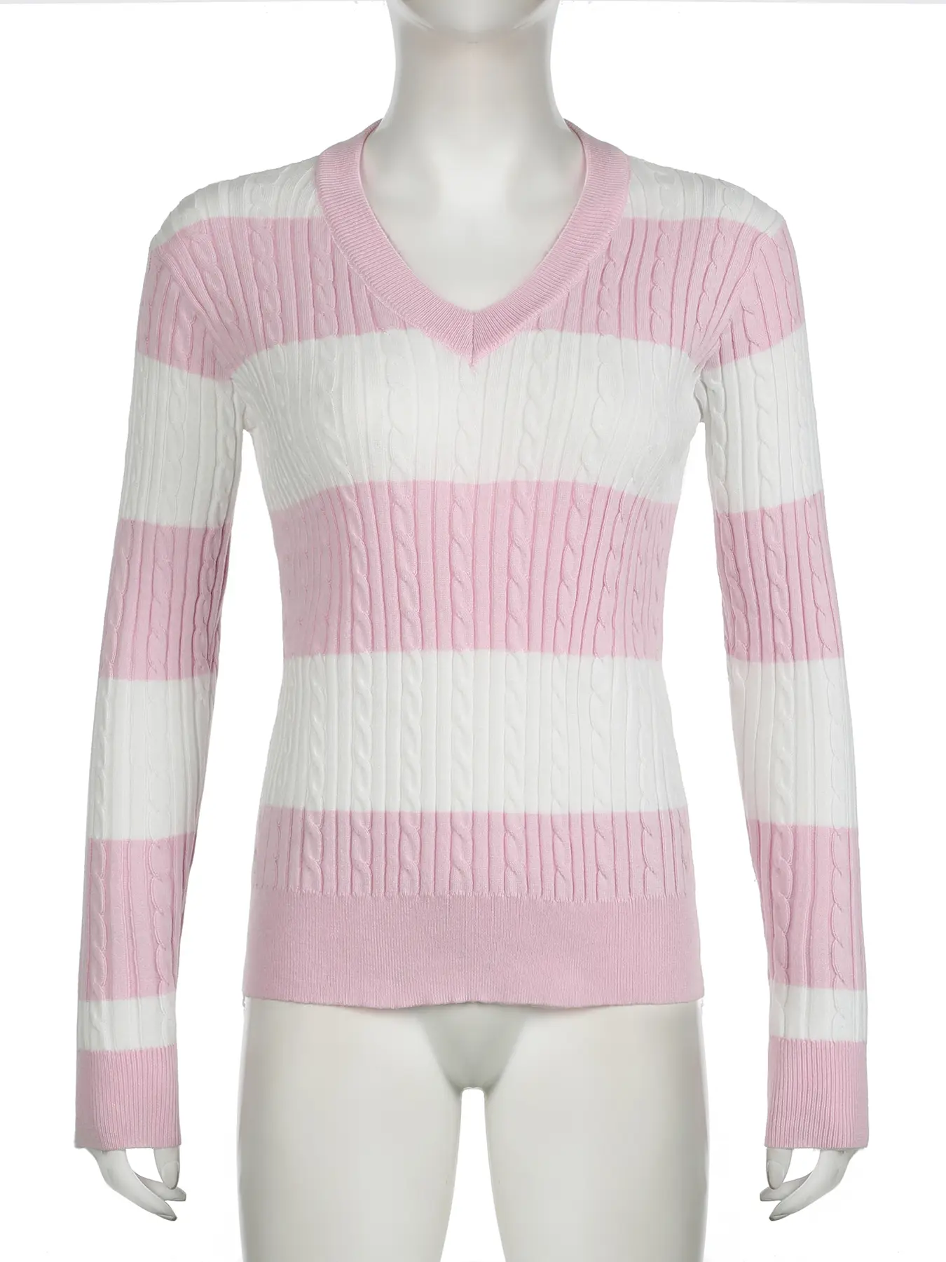 Rockmore Harajuku Pink Striped Loose Knitted Sweater Women Casual V-neck Chic Pullover Tops Y2K Streetwear Cute Knitwear Autumn