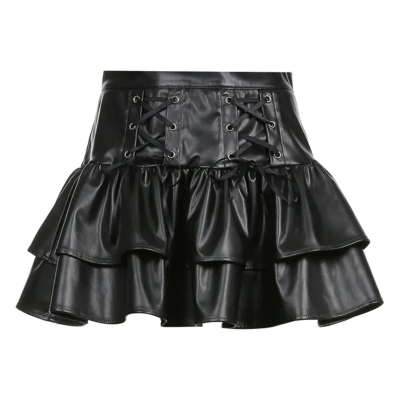 Rockmore Goth Pleated Leather Skirt Women Aesthetic High Waist Mini Skirts Dark Academic Cosplay Punk Lace Up Skirts E Girl