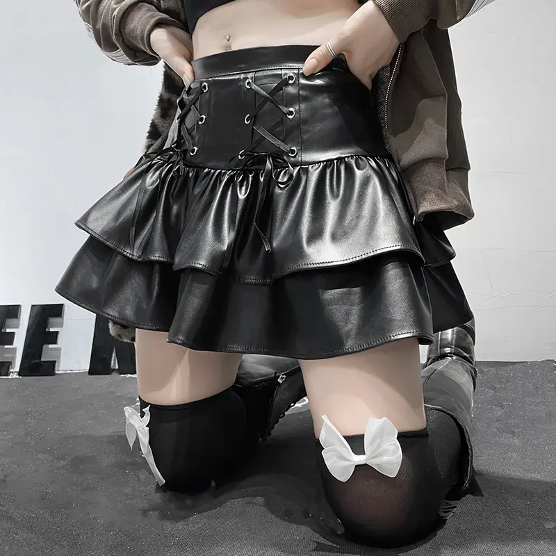 Rockmore Goth Pleated Leather Skirt Women Aesthetic High Waist Mini Skirts Dark Academic Cosplay Punk Lace Up Skirts E Girl
