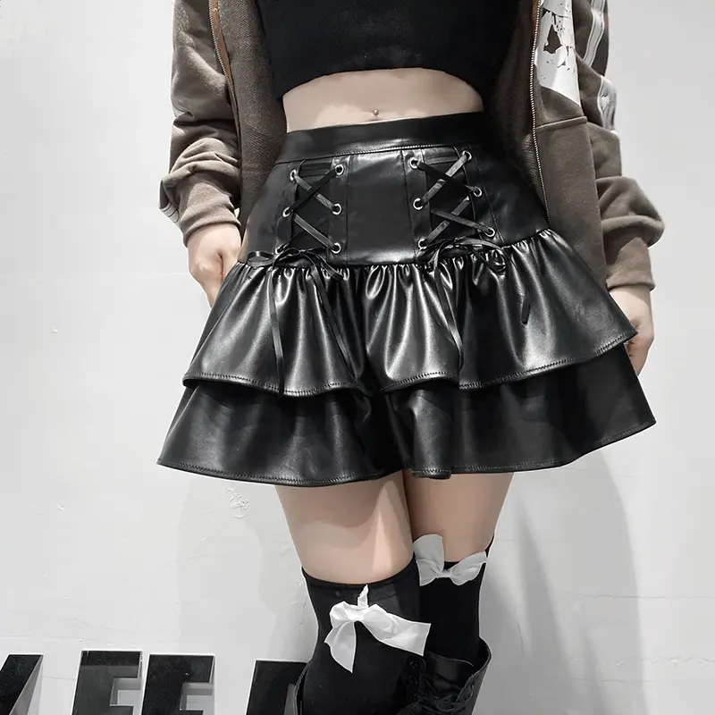 Rockmore Goth Pleated Leather Skirt Women Aesthetic High Waist Mini Skirts Dark Academic Cosplay Punk Lace Up Skirts E Girl