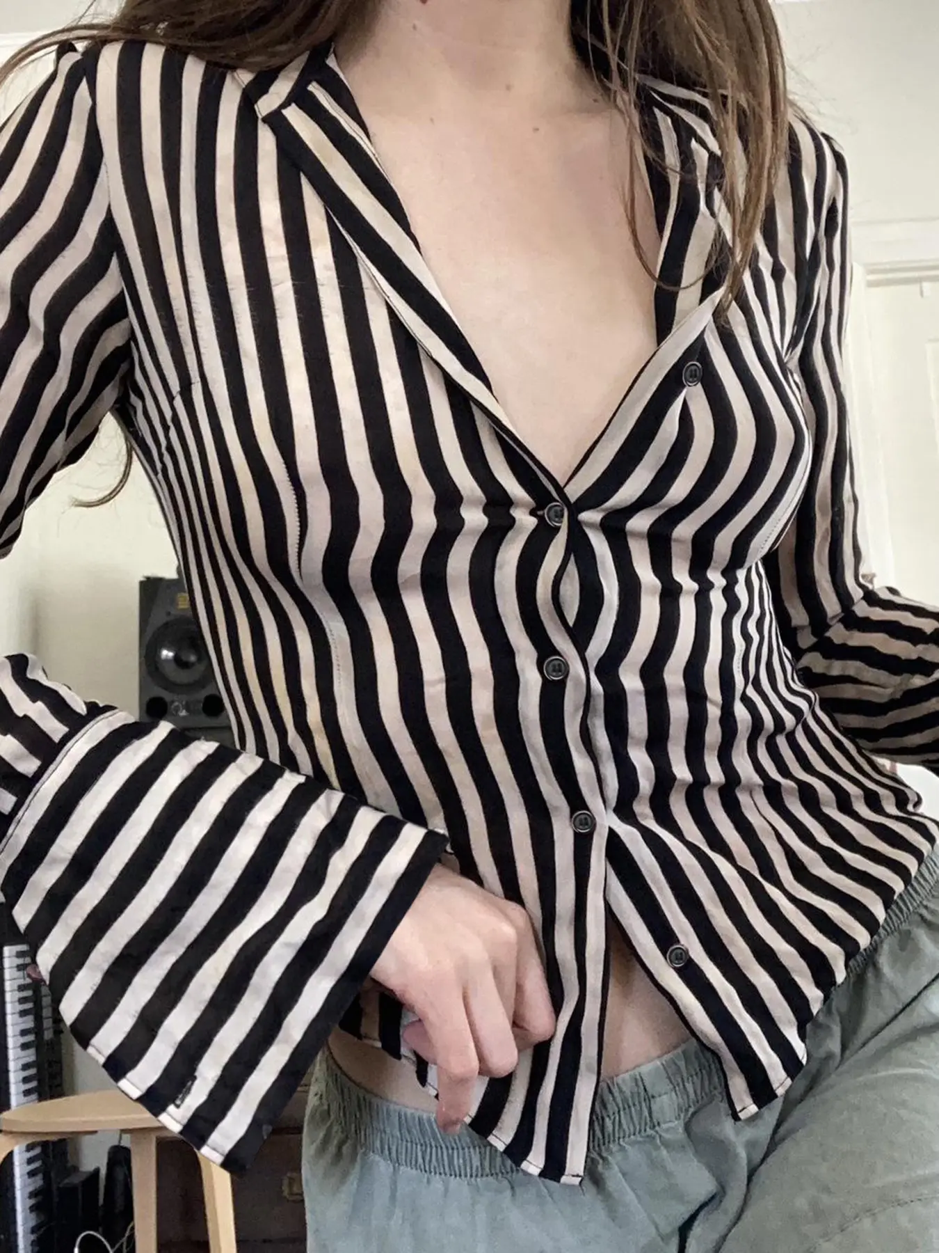 Rockmoer Black White Striped Shirts Vintage Button Up Long Sleeve Crop Top Aesthetic Elegant Streetwear Y2k Casual All Match Top