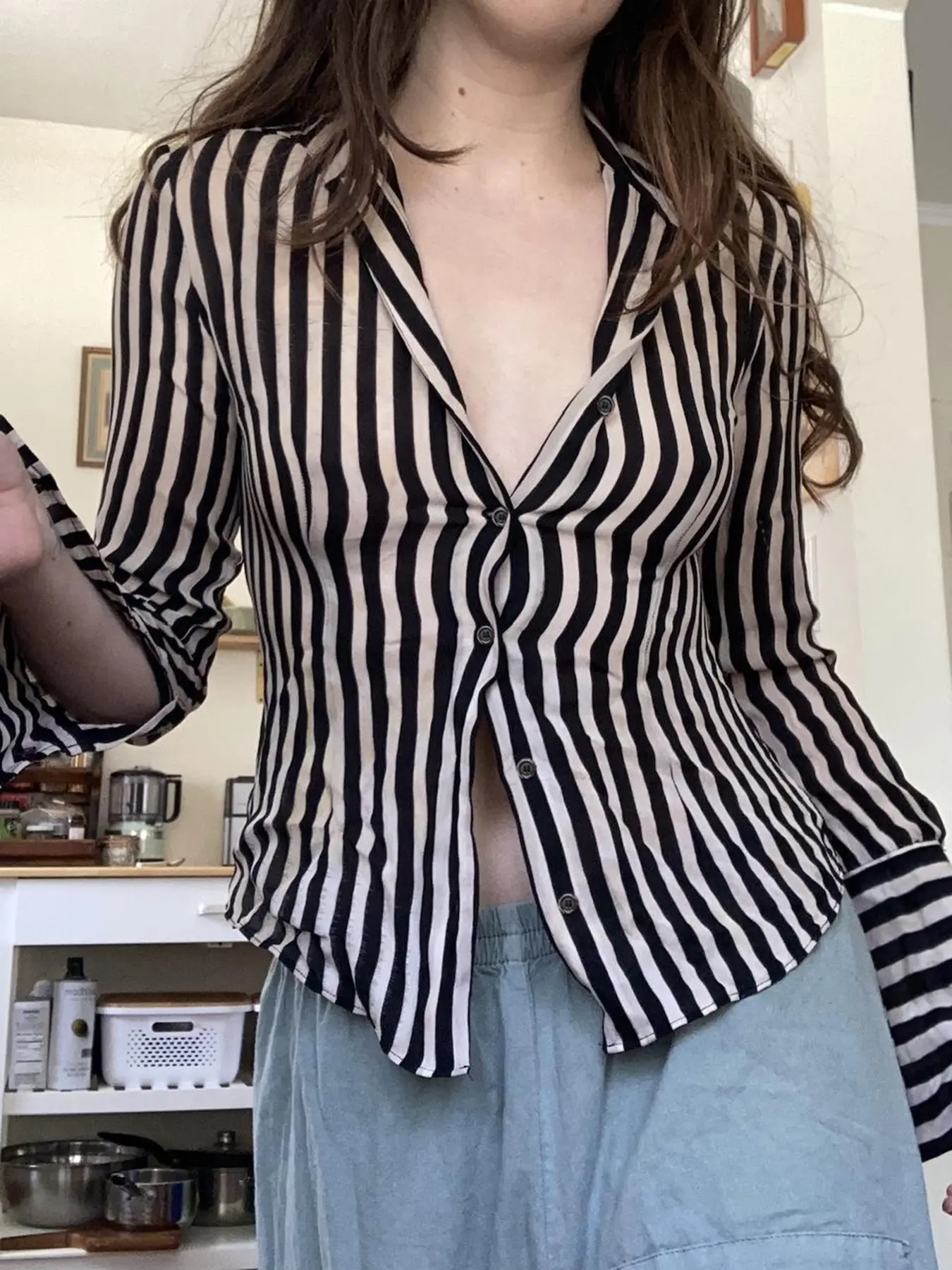 Rockmoer Black White Striped Shirts Vintage Button Up Long Sleeve Crop Top Aesthetic Elegant Streetwear Y2k Casual All Match Top