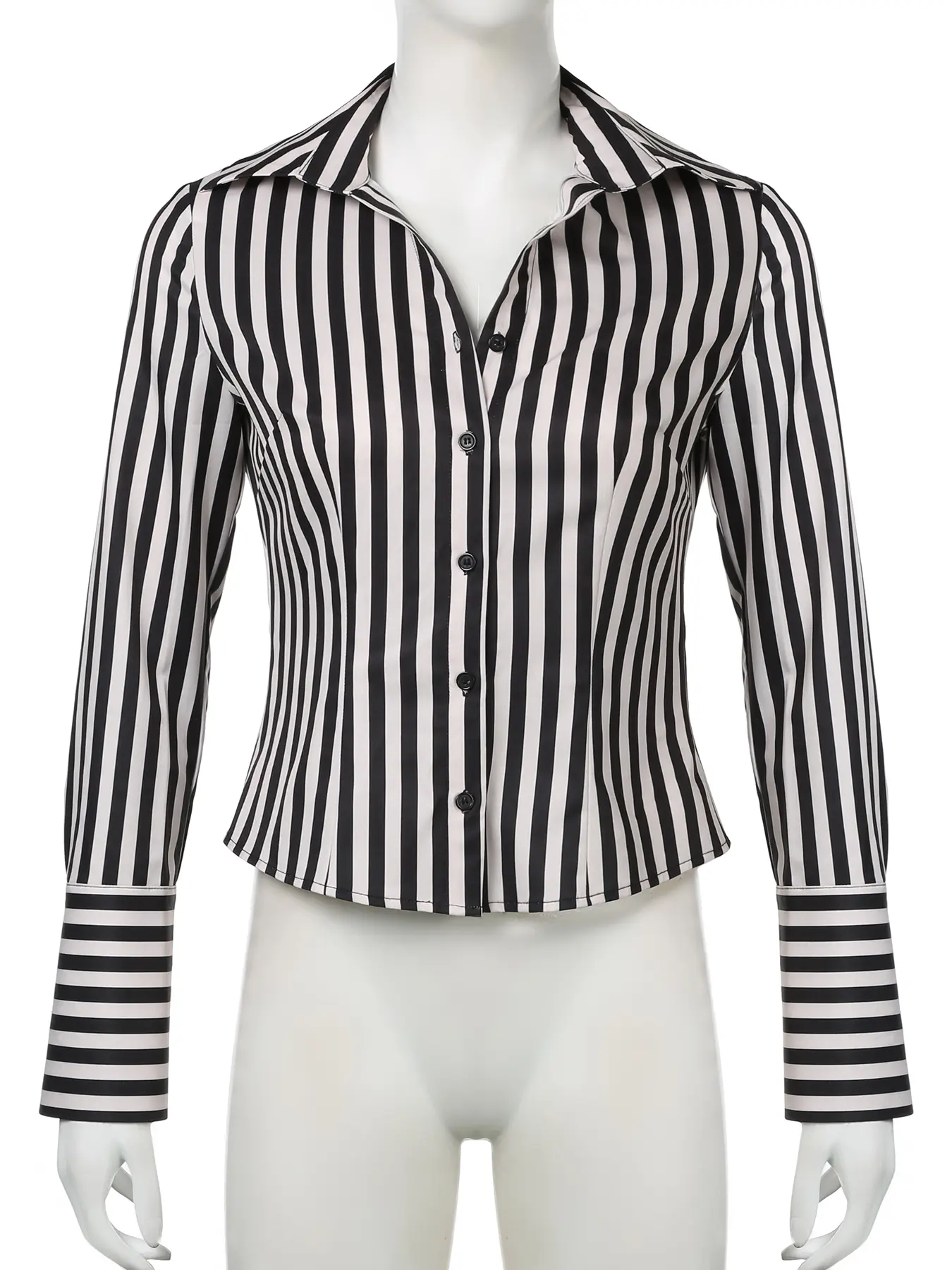 Rockmoer Black White Striped Shirts Vintage Button Up Long Sleeve Crop Top Aesthetic Elegant Streetwear Y2k Casual All Match Top