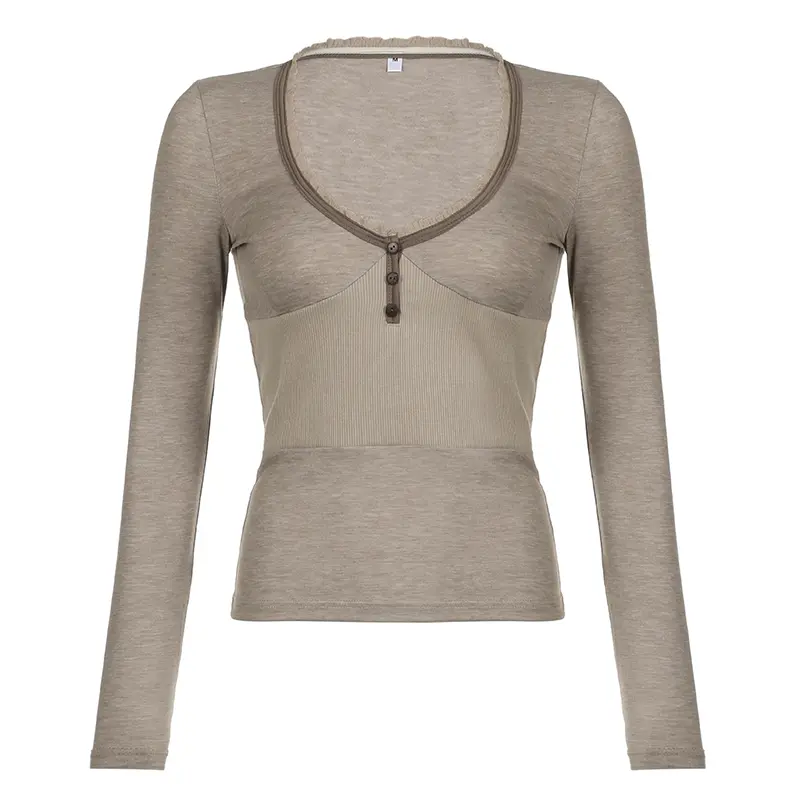 Rockmore Button-down V-neck Knitted T Shirt Y2K Harajuku Casual Long Sleeve Slim Fit Tops Women Korean Grunge Fairycore Clothes