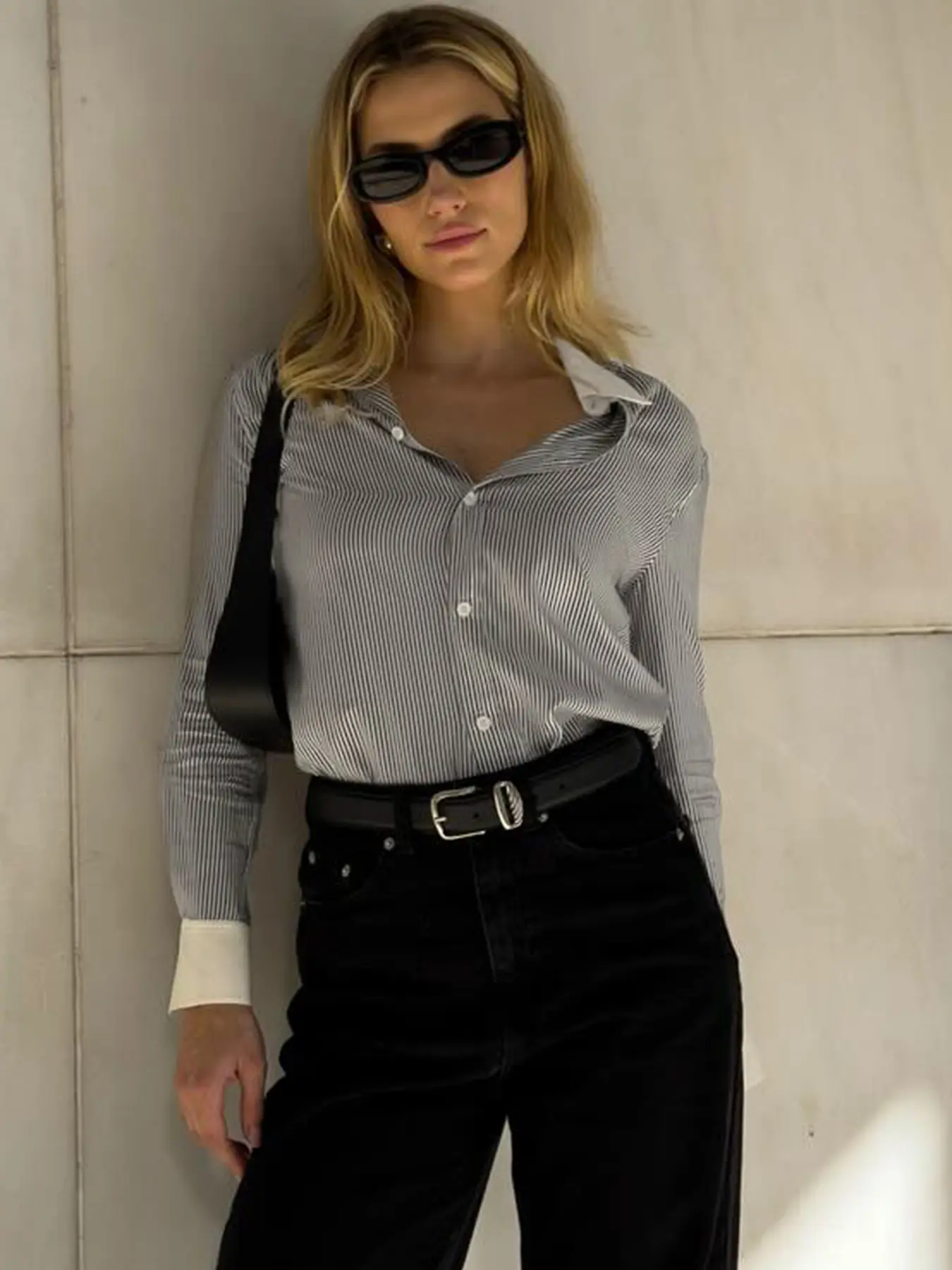 Rockmoer Contrast Lapel Striped Blouses Office Ladies Autumn Vintage Long Sleeve Shirts Korean Streetwear Casual Buttons Up Tops
