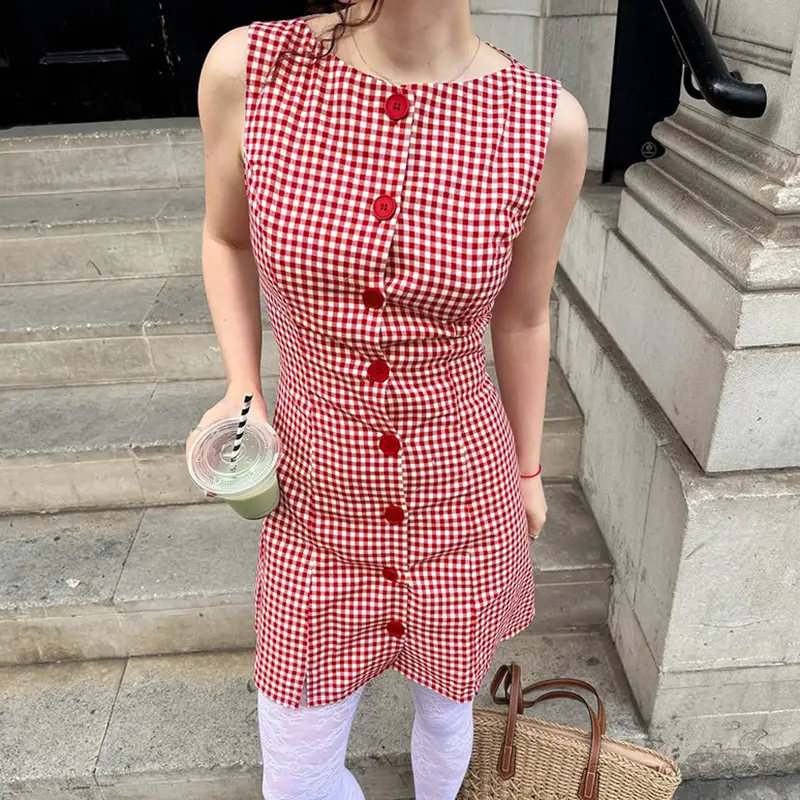 Rockmore Women's Plaid Print Mini Dress Y2k Street Button Up Sleeveless Sundress Casual Round Neck Dresses for Summer Coquette