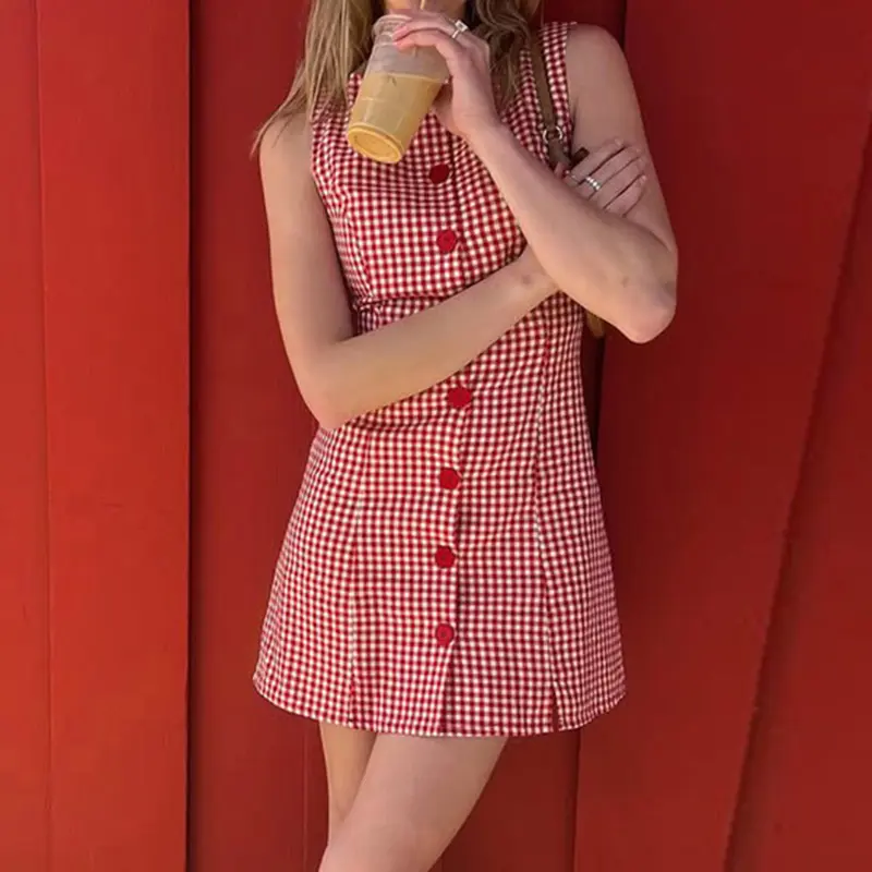 Rockmore Women's Plaid Print Mini Dress Y2k Street Button Up Sleeveless Sundress Casual Round Neck Dresses for Summer Coquette