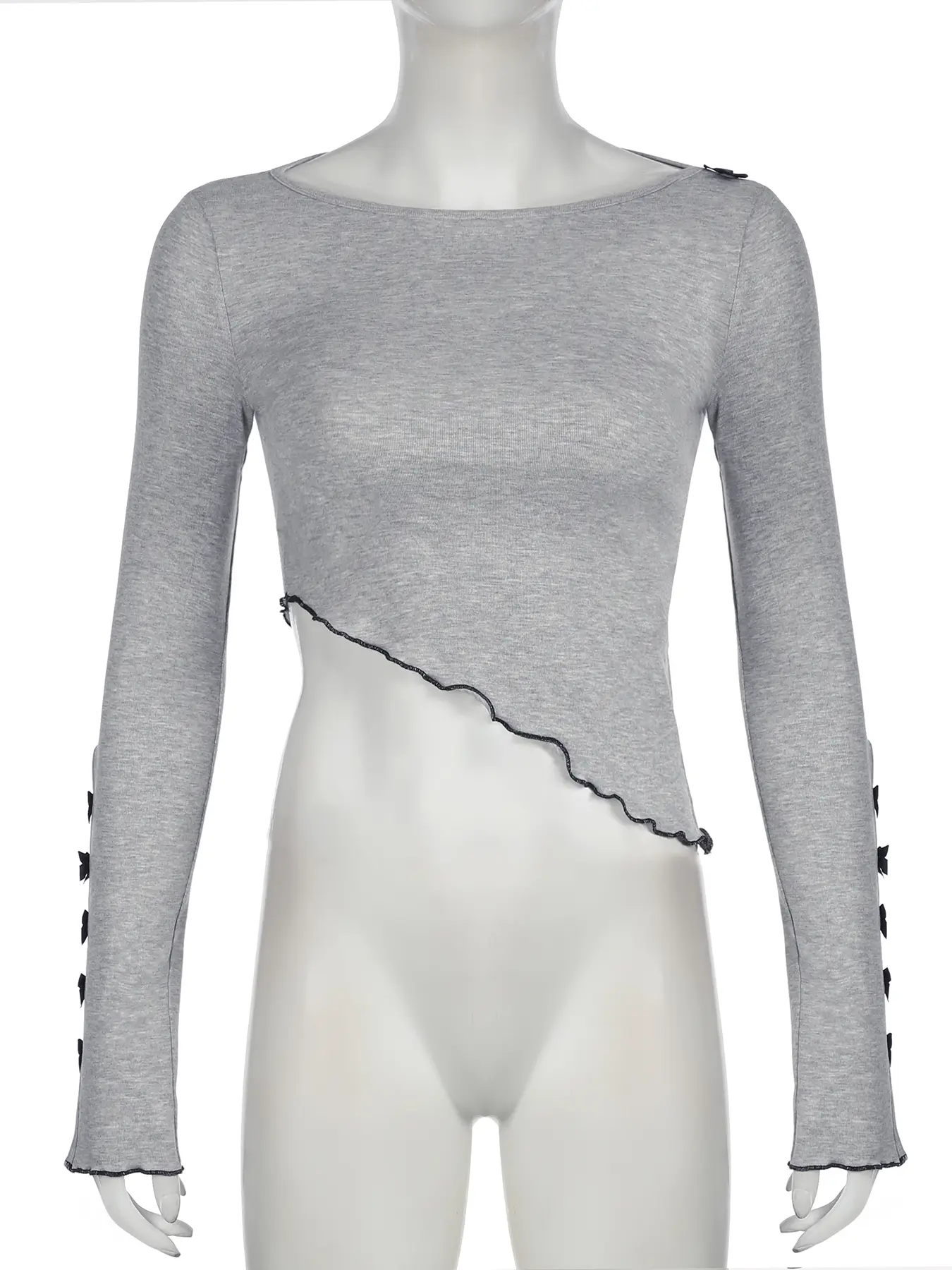 Rockmore Women's Personality Irregular Hem Tight Short T-shirt Long Sleeve With Bow Tie Tees Casual Slim Fit Female Chic Clothes