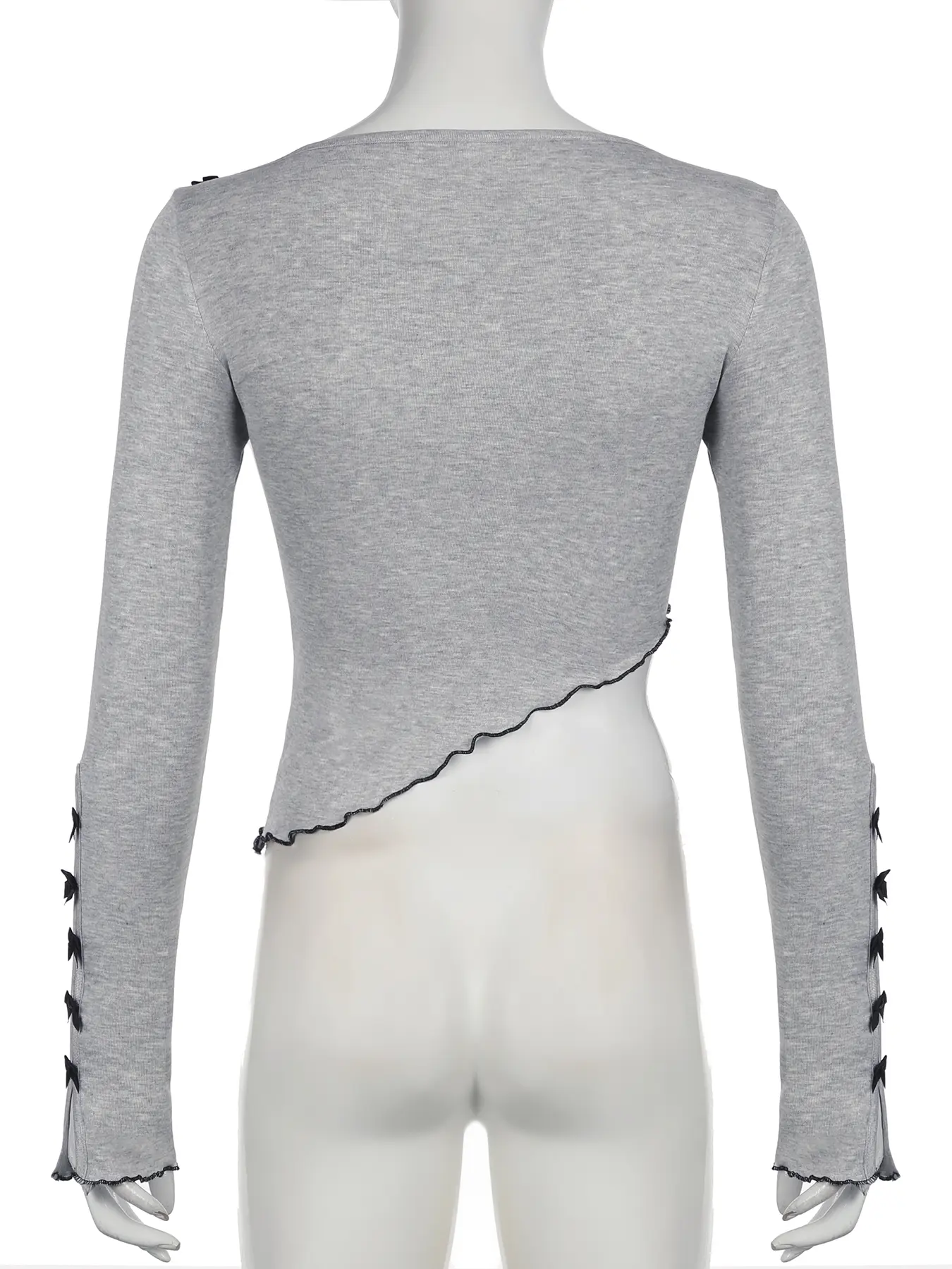 Rockmore Women's Personality Irregular Hem Tight Short T-shirt Long Sleeve With Bow Tie Tees Casual Slim Fit Female Chic Clothes