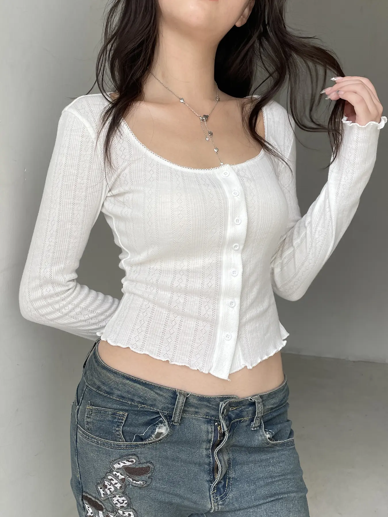 Rockmore New Y2K Sweet Solid Single-breasted T-shirt 2000s Aesthetics Long Sleeves T-shirt Casual Square Neck Knitted Top Female