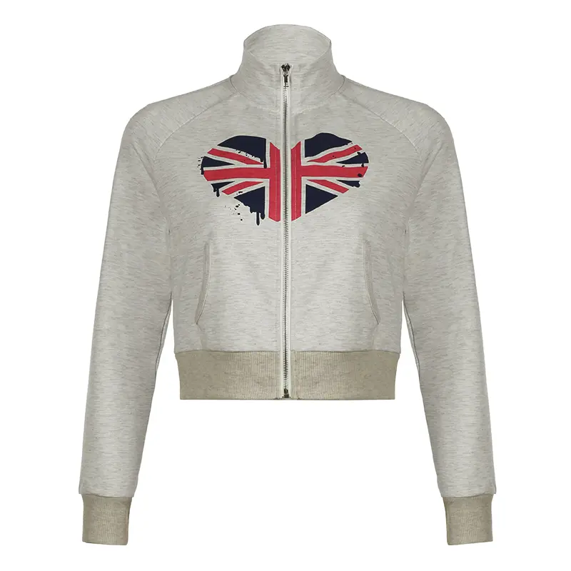 Rockmore American Streetwear Cropped Jacket for Women Autumn Y2K Aesthetic Zipper Coat Long Sleeve Vintage Casual Outerwears