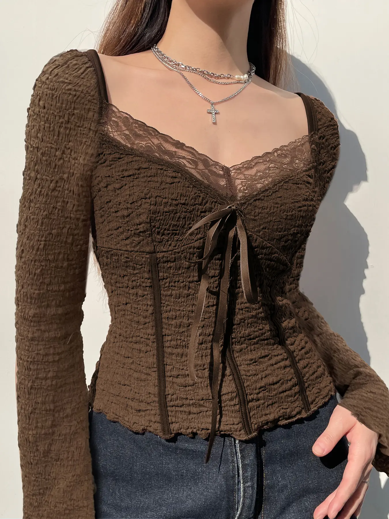 Rockmore Brown Sexy Pleated Long Sleeve T-Shirt for Women Square Neck Semi-see-through Casual Aesthetic Vintage Tops Y2k Clothes