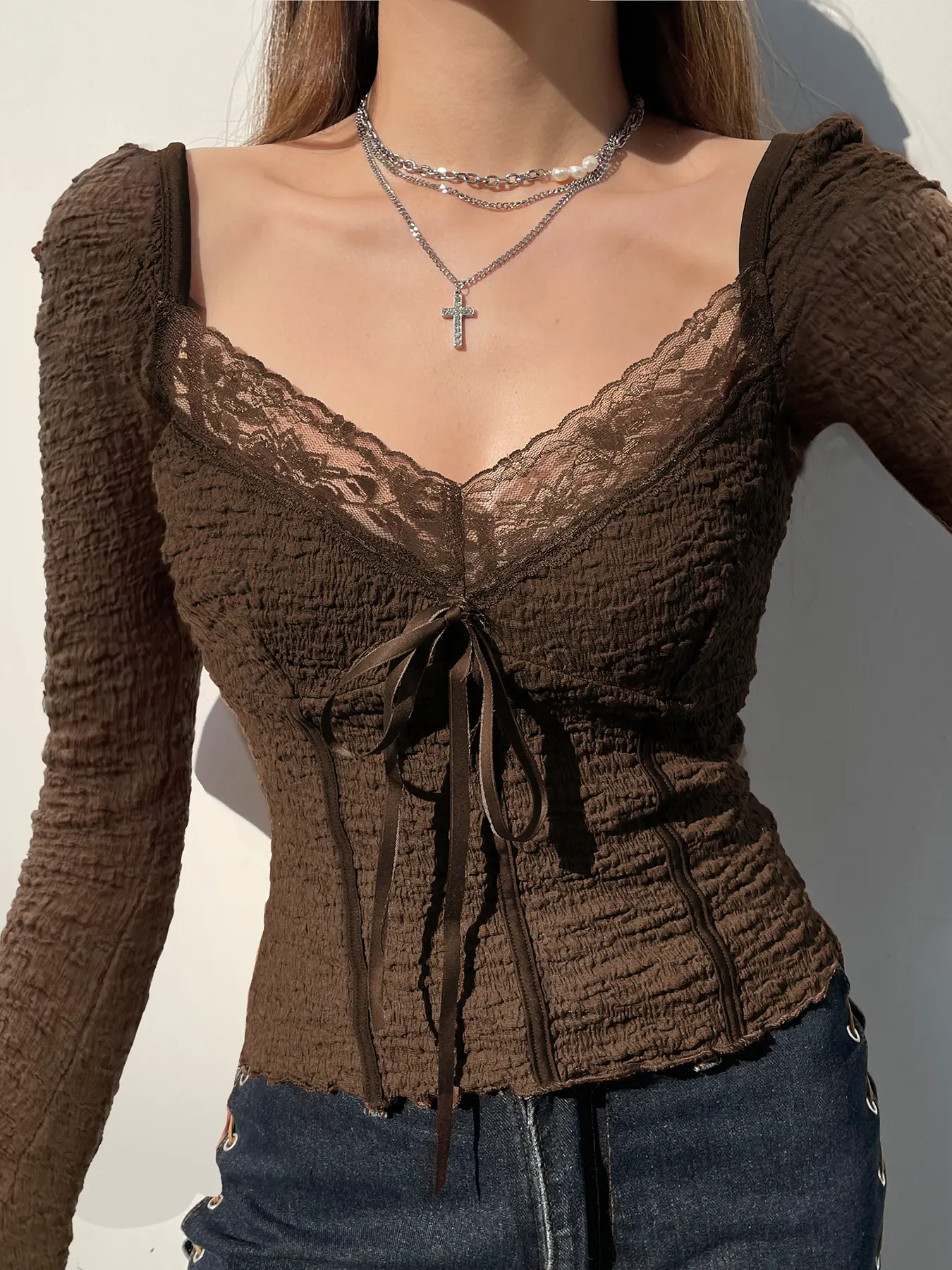 Rockmore Brown Sexy Pleated Long Sleeve T-Shirt for Women Square Neck Semi-see-through Casual Aesthetic Vintage Tops Y2k Clothes