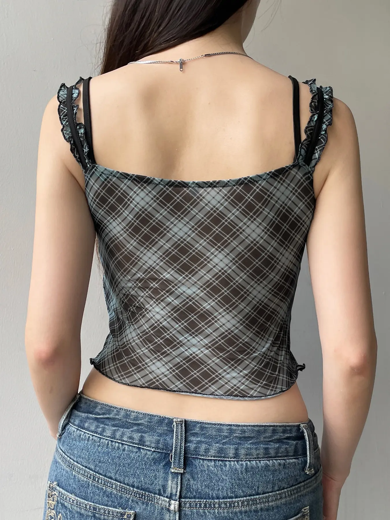 Rockmore Lace Printed Fake Two Pieces Stitching Camis Y2k Aesthetic Top Clubwear Mesh Transparent Sexy Tank Tops Vintage Grunge