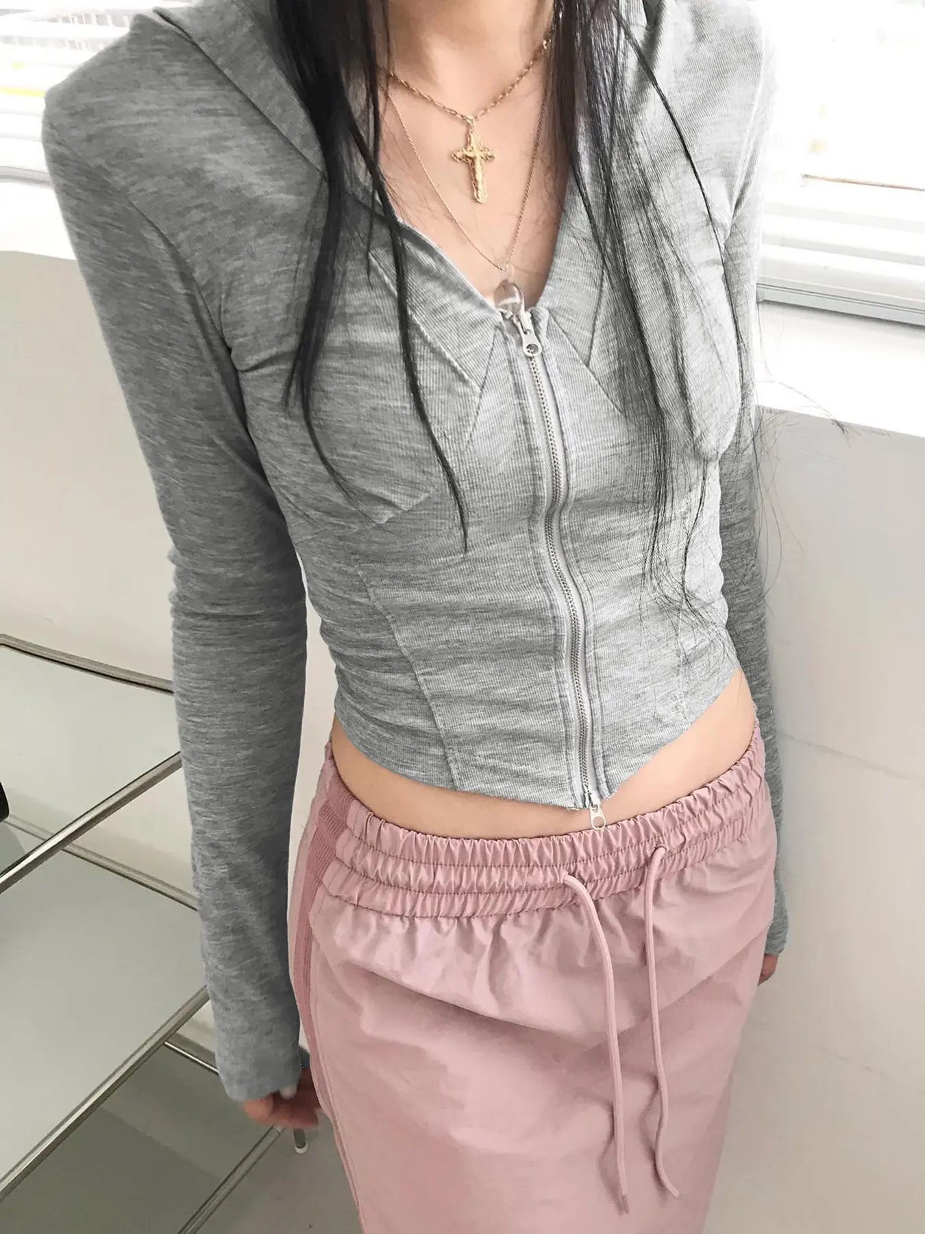 Rockmore Streetwear V-neck Zipper Hooded T-shirt Chic Casual Slim Solid Long Sleeve Tees Autumn Women Y2K Clothes New