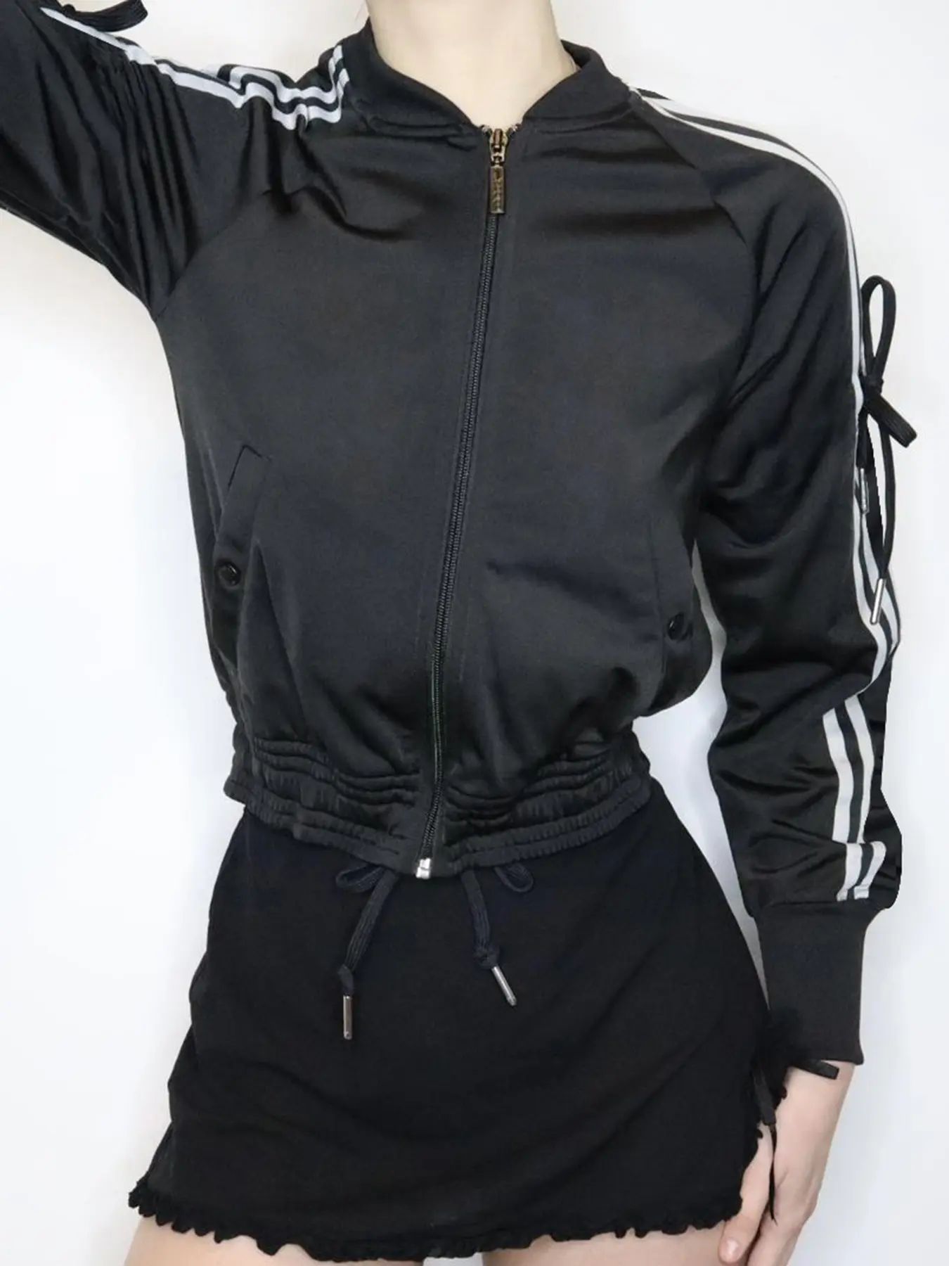 Rockmore Sweet Cool Bow Stripe Zipper Coat Retro Loose Harajuku Casual College Style Outwear Autumn Winter Y2k Turtleneck Jacket