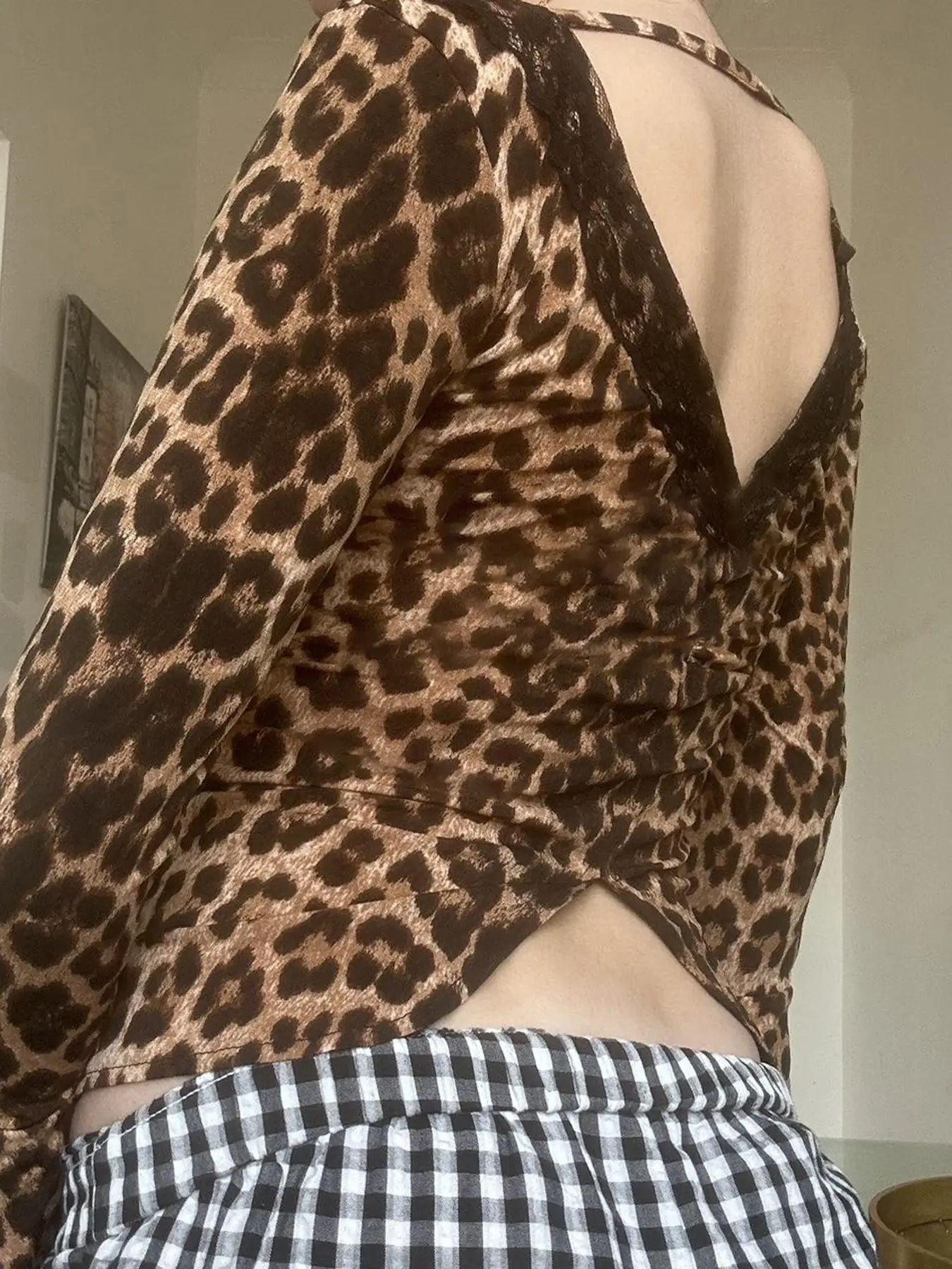 Rockmore Leopard Print Backless T-Shirts Sexy Lace Trim Button Up V-Neck Flare Sleeve Y2K Aesthetic Clothes Fashion Slim Outfits