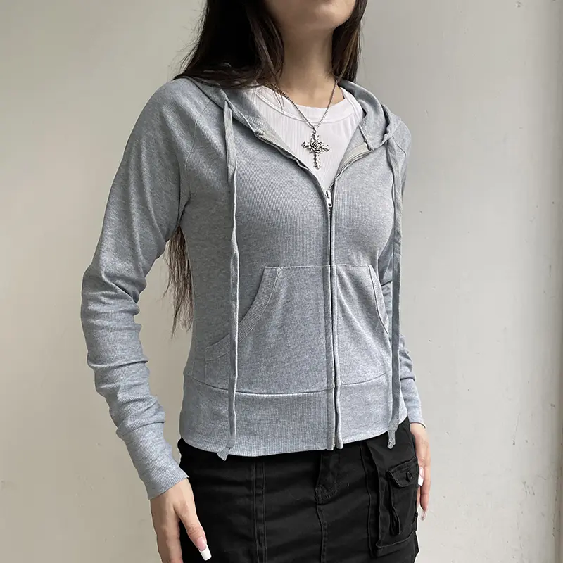Rockmore Casual Hoodies Gray Women'S Sweatshirts Harajuku Y2K Long Sleeves Female Hooded Pocket Slim Fit Coat Autumn Korean New