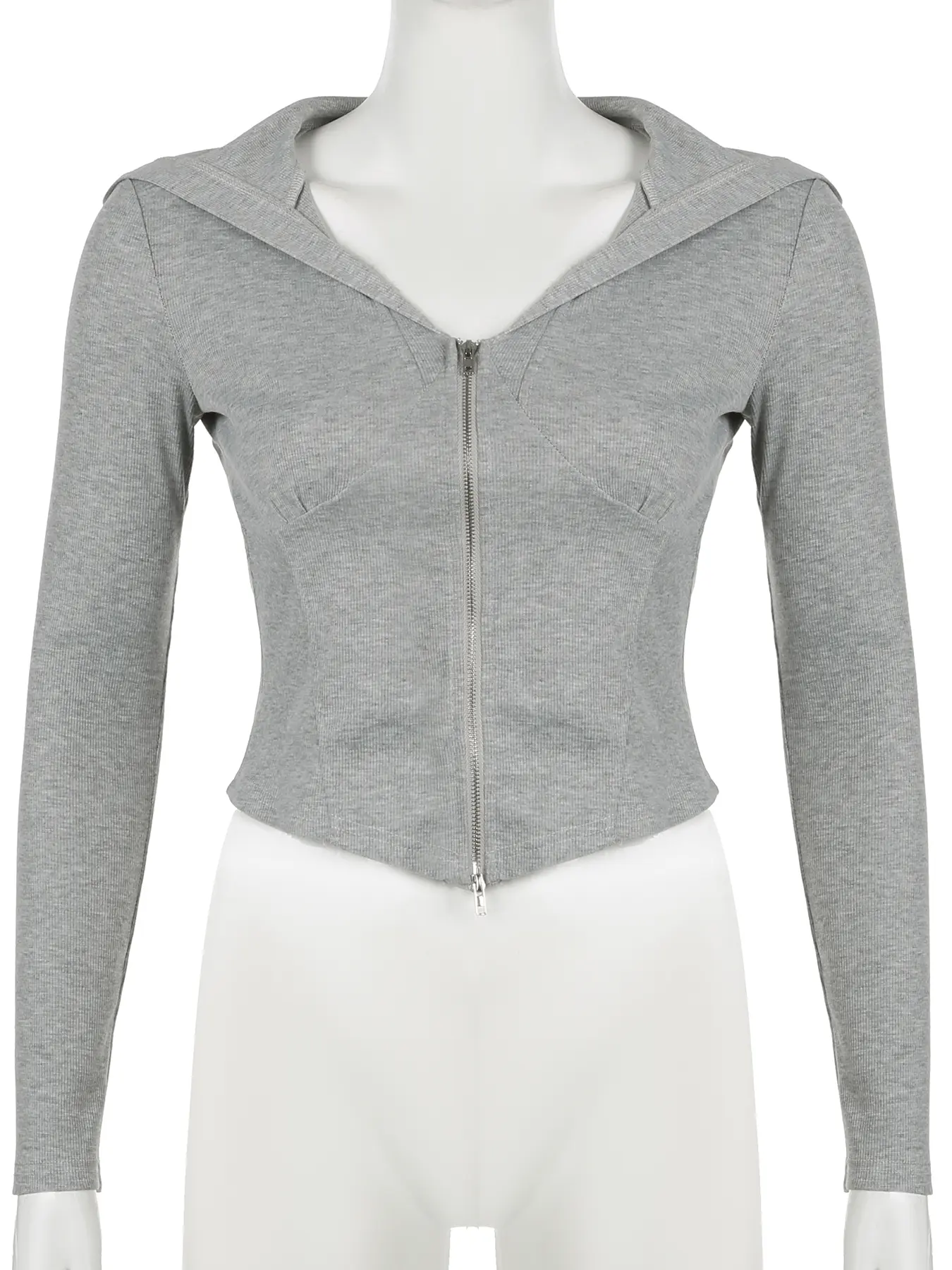 Rockmore Streetwear V-neck Zipper Hooded T-shirt Chic Casual Slim Solid Long Sleeve Tees Autumn Women Y2K Clothes New