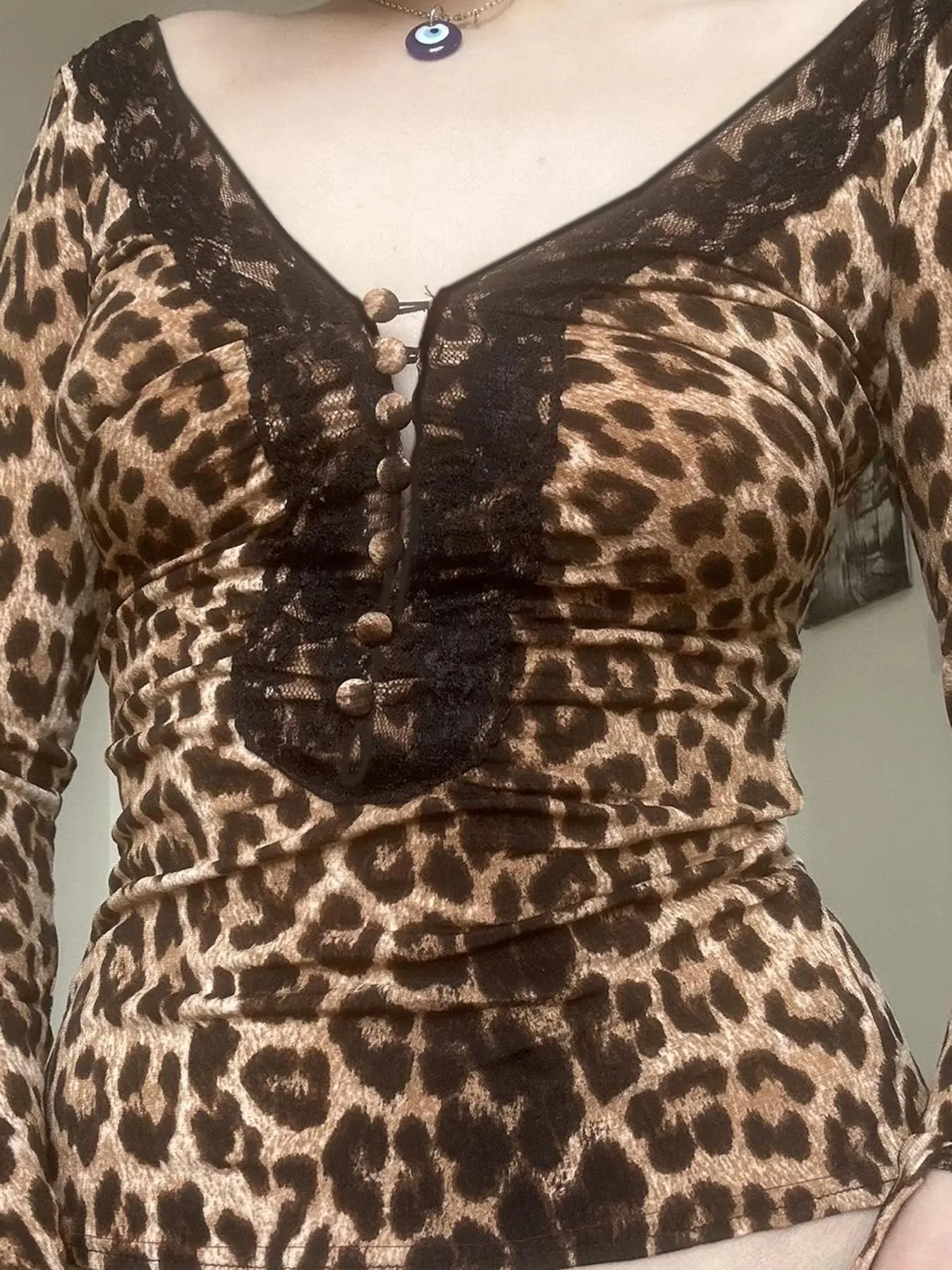 Rockmore Leopard Print Backless T-Shirts Sexy Lace Trim Button Up V-Neck Flare Sleeve Y2K Aesthetic Clothes Fashion Slim Outfits