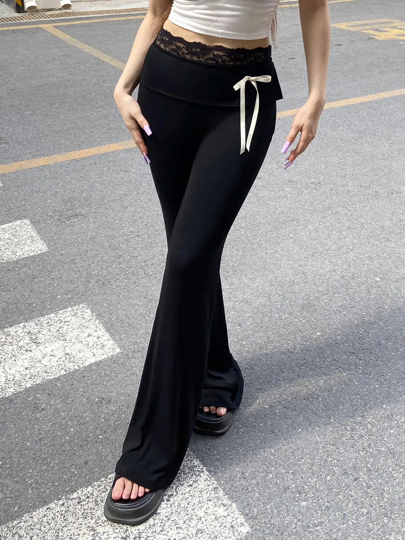 Rockmore Casual Lace Up Waist Low Rise Harajuku Black Pants Coquette Flare Pants Y2K Aesthetics Solid Trousers Fashion Clothes