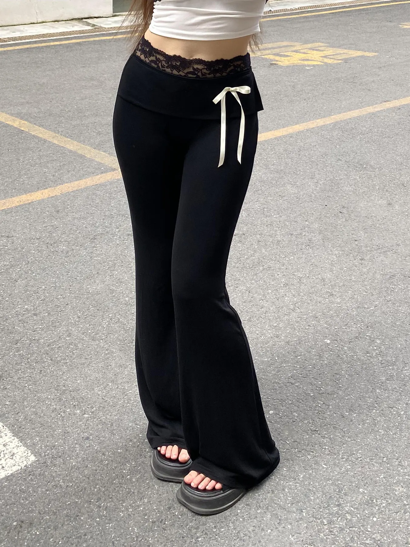 Rockmore Casual Lace Up Waist Low Rise Harajuku Black Pants Coquette Flare Pants Y2K Aesthetics Solid Trousers Fashion Clothes