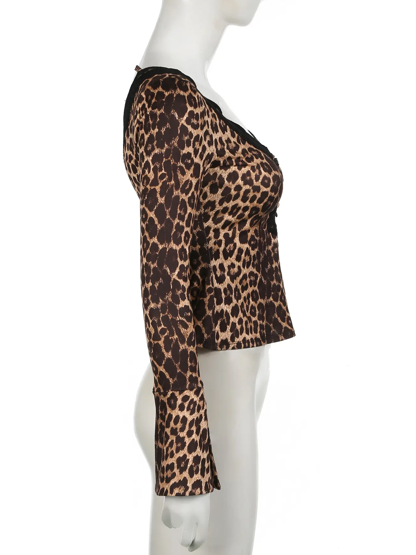 Rockmore Leopard Print Backless T-Shirts Sexy Lace Trim Button Up V-Neck Flare Sleeve Y2K Aesthetic Clothes Fashion Slim Outfits