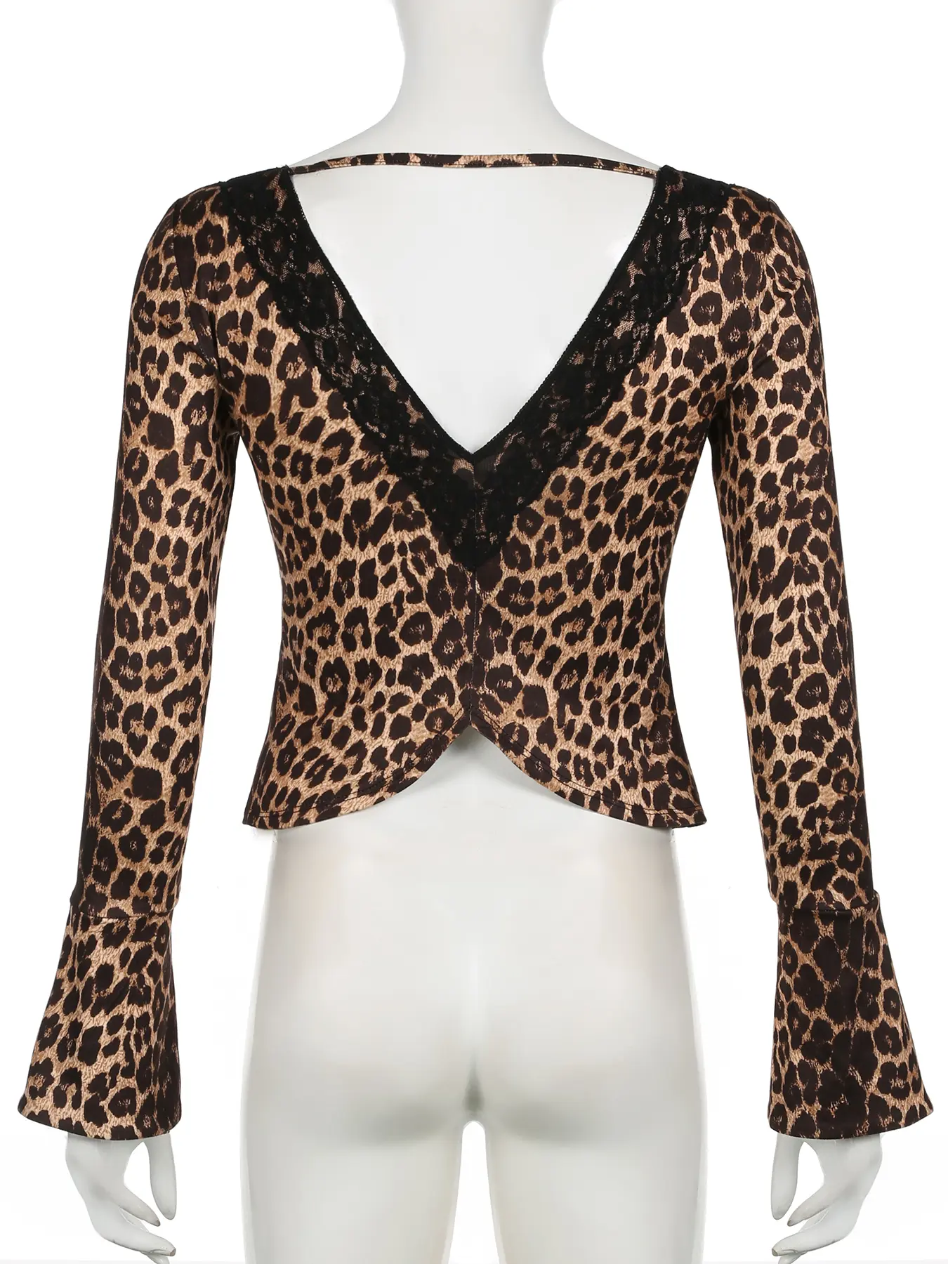 Rockmore Leopard Print Backless T-Shirts Sexy Lace Trim Button Up V-Neck Flare Sleeve Y2K Aesthetic Clothes Fashion Slim Outfits