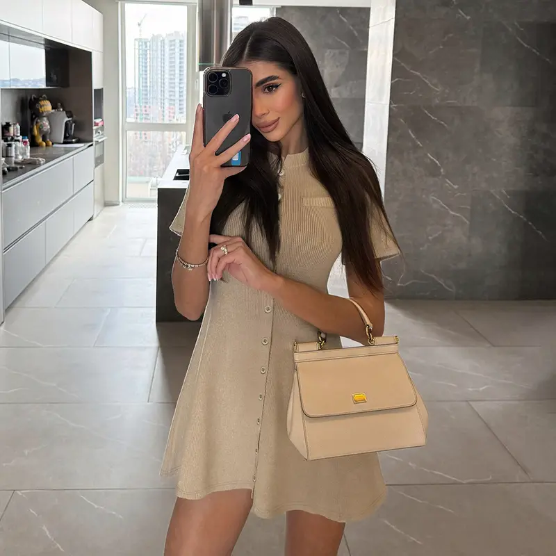 Rockmore Solid Simple Knitted Round Neck Basic A-line Dress Summer women's Short Sleeve Single Breasted Slim Fit Short Dresses