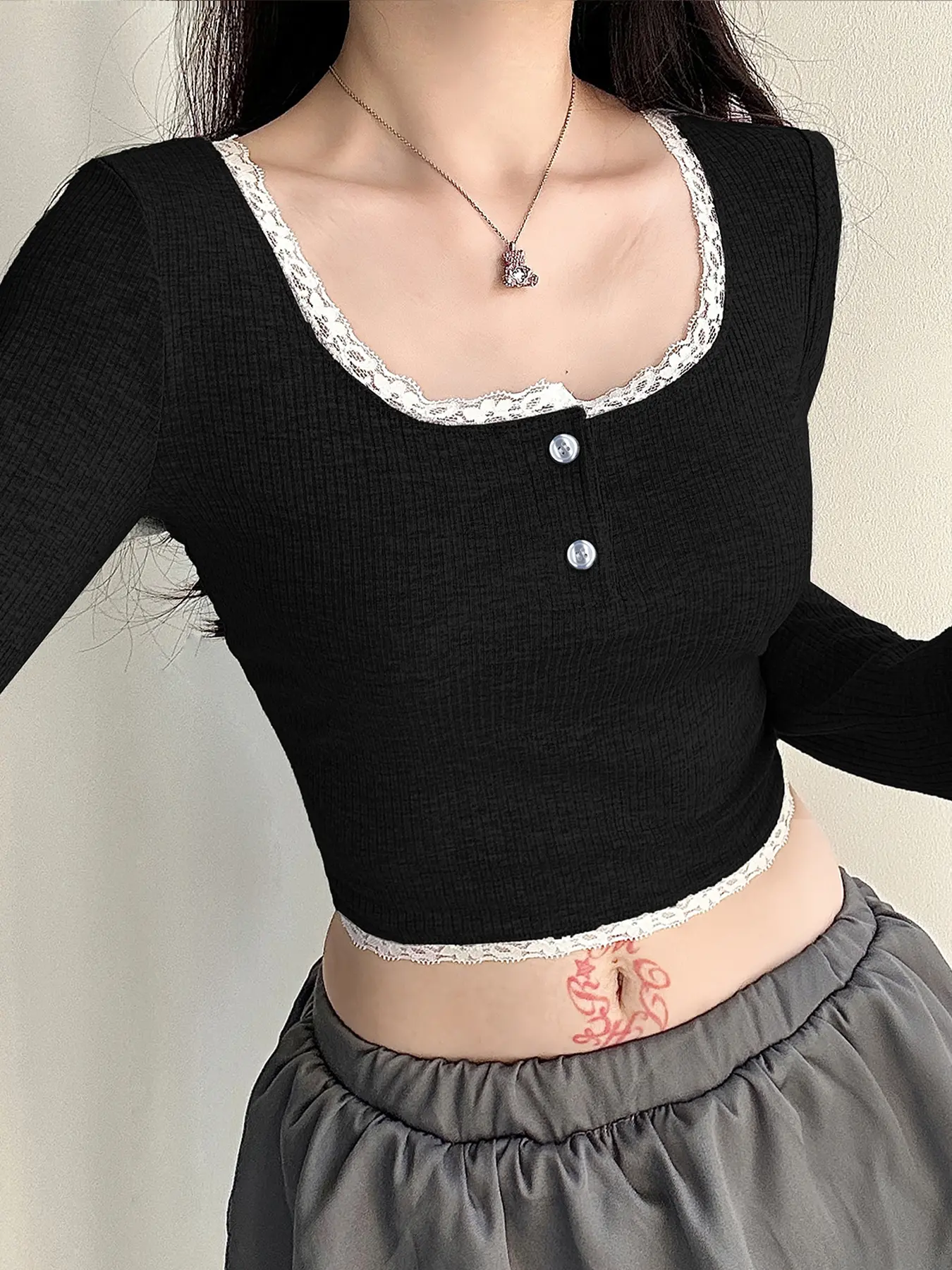 Rockmore Lace Frill Button Square Collar Crop Tops Women Long Sleeve T Shirt Fall Harajuku Korean Slim Casual Basic Pullover y2k