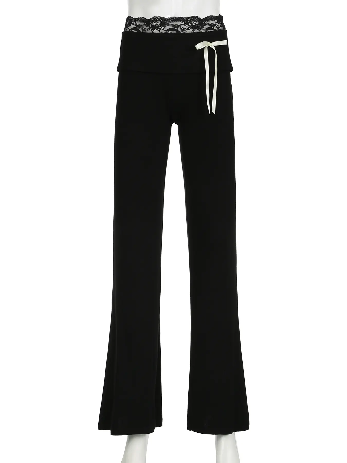 Rockmore Casual Lace Up Waist Low Rise Harajuku Black Pants Coquette Flare Pants Y2K Aesthetics Solid Trousers Fashion Clothes