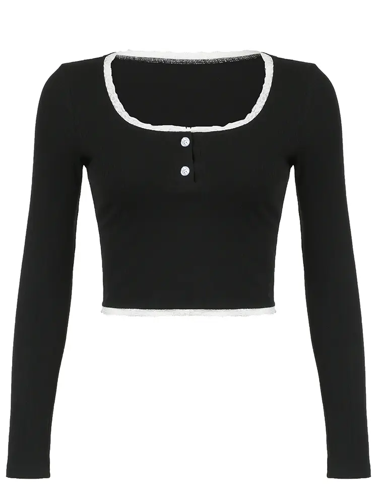 Rockmore Lace Frill Button Square Collar Crop Tops Women Long Sleeve T Shirt Fall Harajuku Korean Slim Casual Basic Pullover y2k