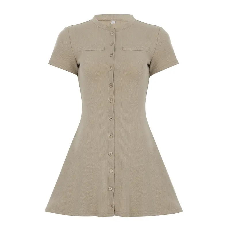 Rockmore Solid Simple Knitted Round Neck Basic A-line Dress Summer women's Short Sleeve Single Breasted Slim Fit Short Dresses