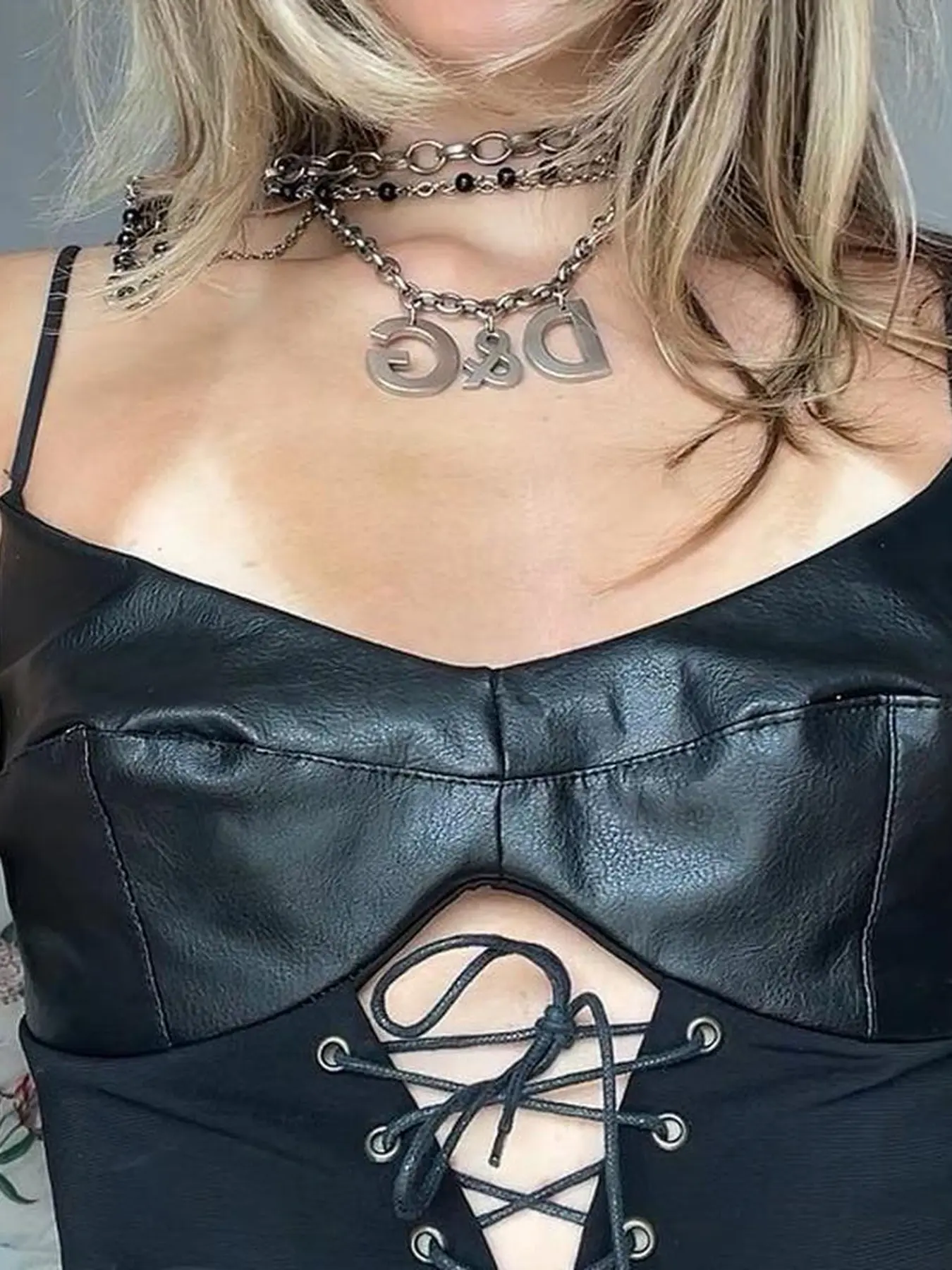 Rockmore Gothic Bandage Cutout Corset Top PU Patchwork Sexy Crop Tank Tops Y2K Streetwear Camis Female 2000s Aesthetic Clothes