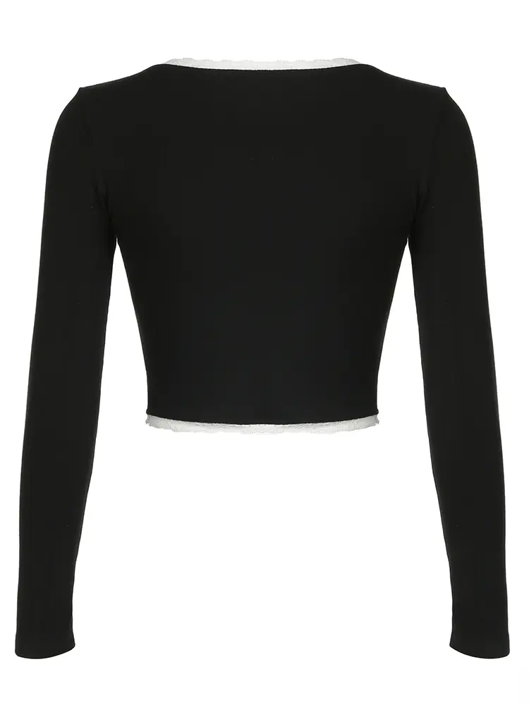 Rockmore Lace Frill Button Square Collar Crop Tops Women Long Sleeve T Shirt Fall Harajuku Korean Slim Casual Basic Pullover y2k